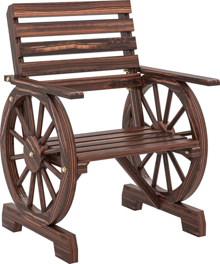 Outsunny Krzesło ogrodowe drewniane fotel ogrodowy w stylu koła wozu, krzesło drewniane w stylu wiejskim Zwęglony | Aosom PL