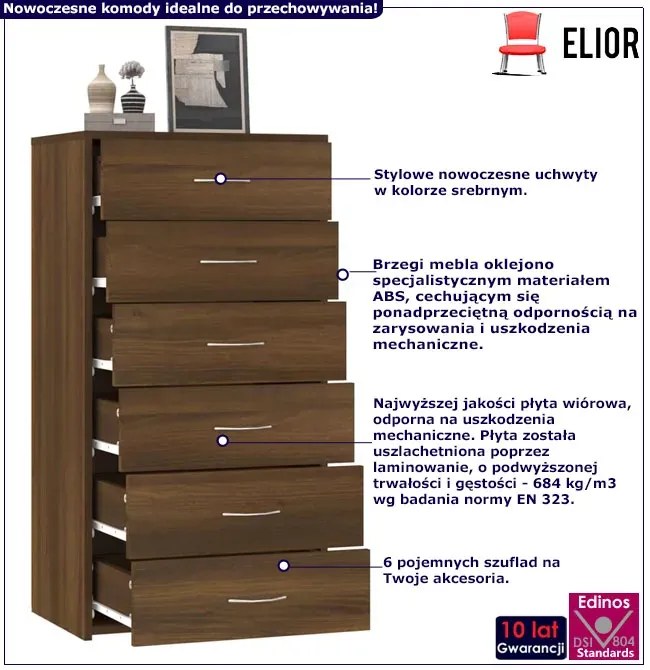 Minimalistyczna komoda z 6 szufladami brązowy dąb - Xeron