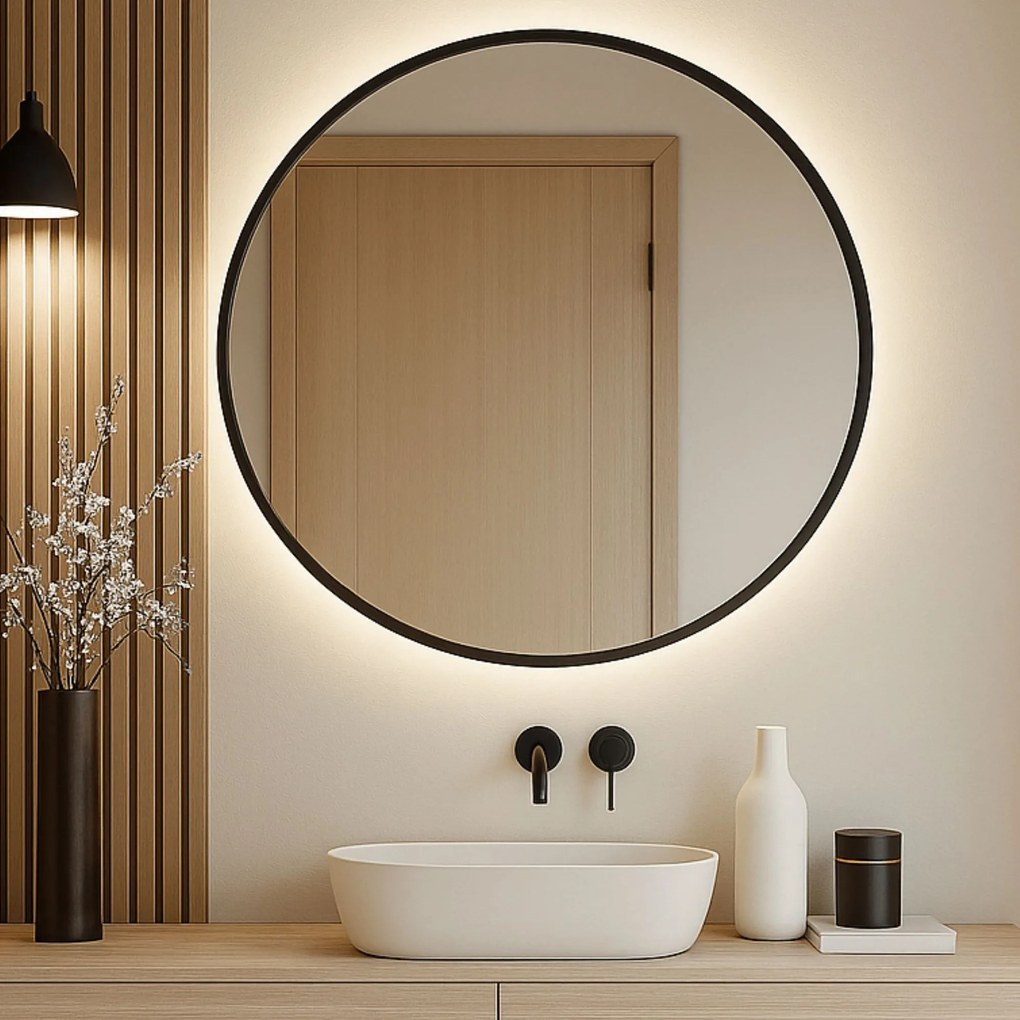 Lustro okrągłe podświetlane w czarnej ramie mat VALO Slim LED Black | Różne rozmiary : Średnica - 90 cm