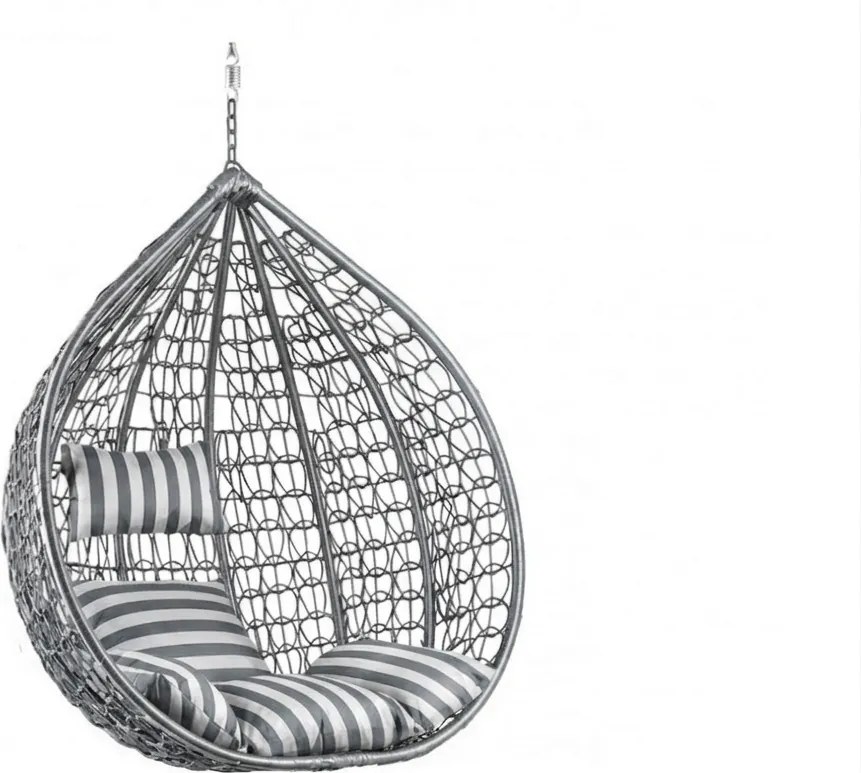 Szary wiszący fotel KOKON bez stojaka, biało-szara poduszka