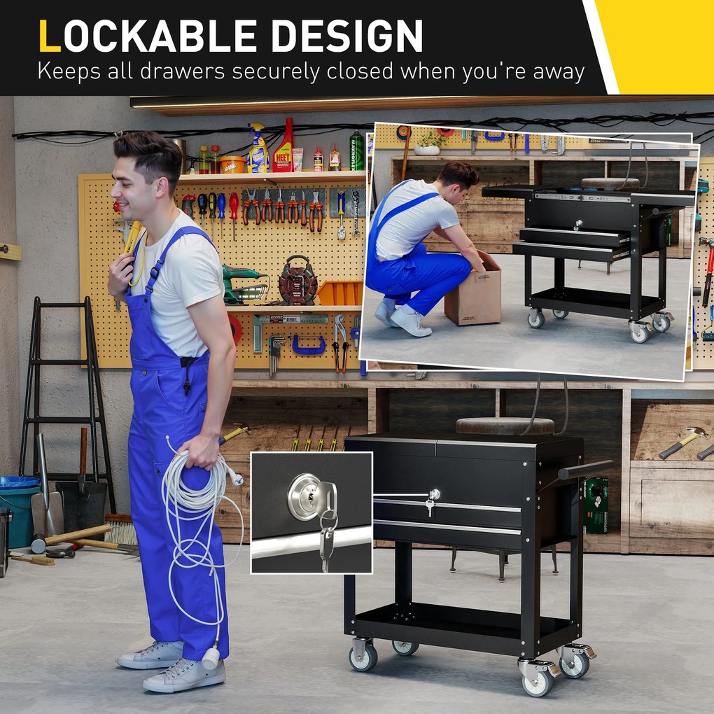 HOMCOM Mobilna szafka narzędziowa na kółkach, skrzynka narzędziowa z szufladami, blat roboczy, zamykana, z uchwytem, stal, czarny