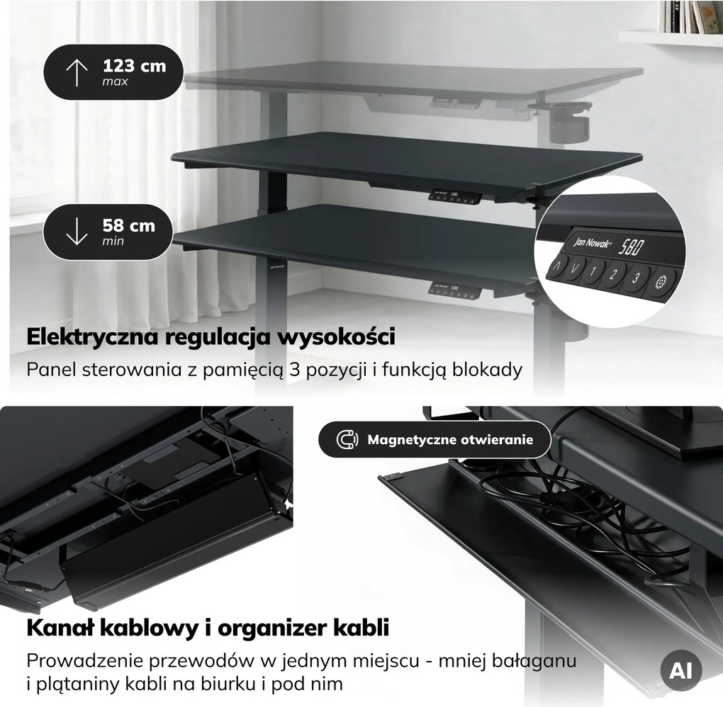 Biurko elektryczne z regulacją wysokości ergonomiczne antracytowe,1200x600 mm: ARIA