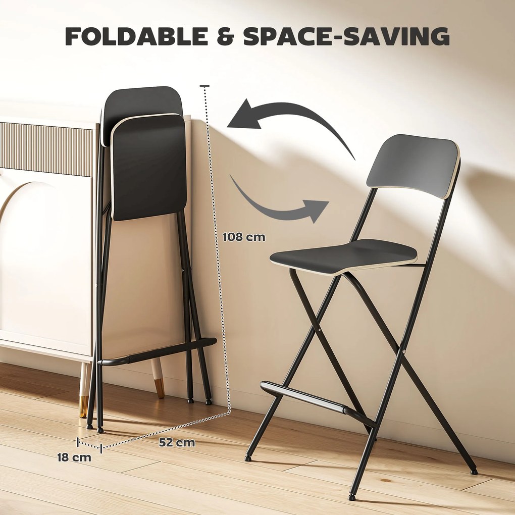 HOMCOM Zestaw 2 Hockerów Barowych, składane hockery z stalową ramą, do kuchni, jadalni, czarny