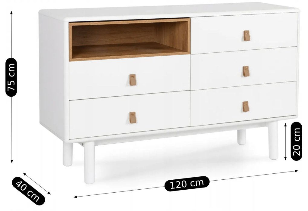 Komoda do Salonu NAOMI 120 cm Biała z Szufladami i Półką Skandynawska