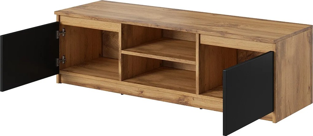 Prosta szafka RTV 120 cm z LED, pod telewizor, 2 szafki i półki, korpus dąb wotan, fronty czarny mat