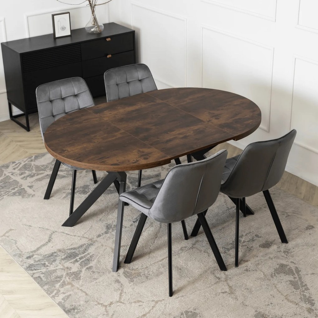Zestaw Stół Okrągły Rozkładany LUKAS 100-250 cm Dąb Rustykalny/Czarny i 4 Krzesła Tapicerowane RICK Szare Welurowe Nowoczesne