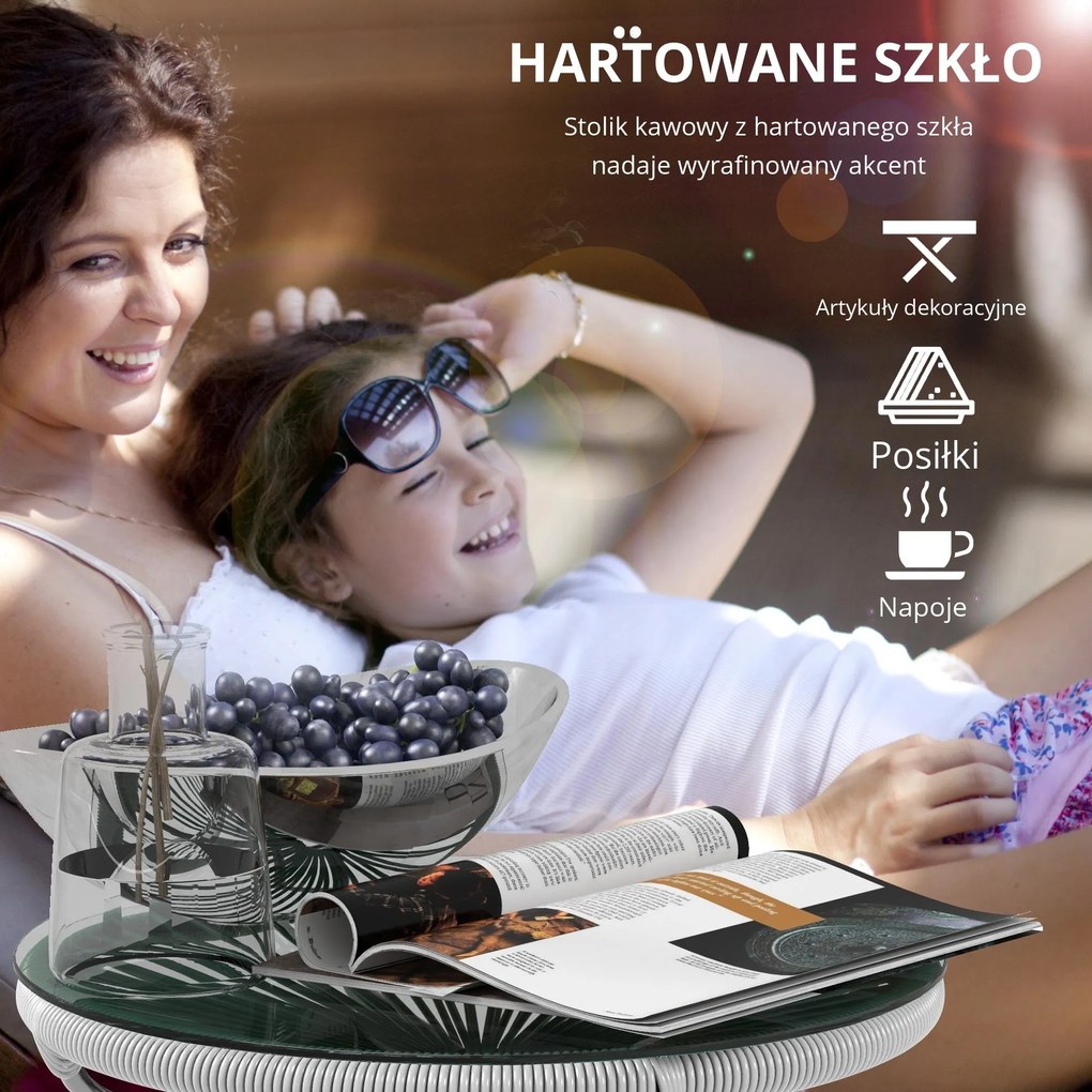 Outsunny Stolik Boczny Rattanowy Bistro Kawowy Blat ze Szkła Okrągły Czarno-Szary Taras Balkon | Aosom PL