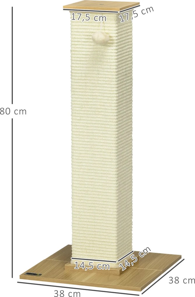 PawHut Drapak z Zabawką, 38 cm x 38 cm x 80 cm, Beż + Naturalny