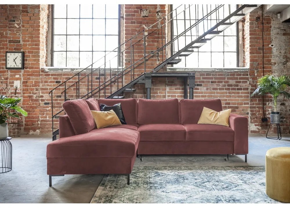 Różowy aksamitny rozkładany narożnik (lewostronny) Lofty Lilly – Miuform