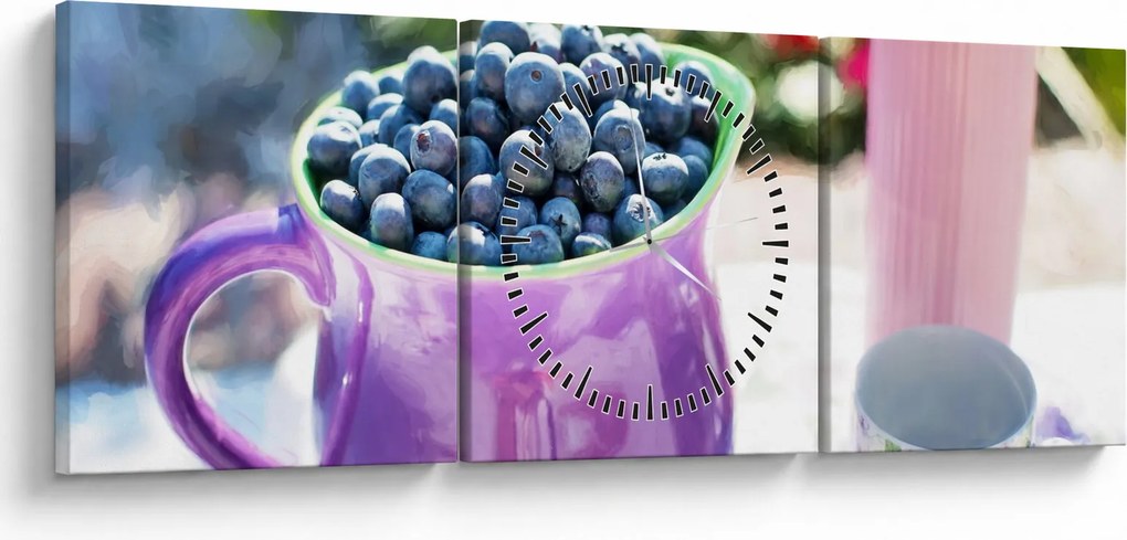 Obraz - jagody w filiżance (z zegarem) (90x30 cm)
