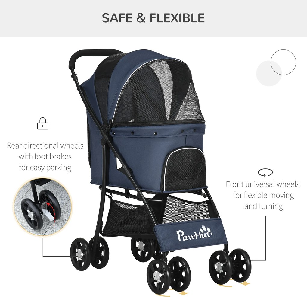 Outsunny Wózek dla Psa Składany 1 Koszyk Poduszka Kieszeń Granatowy | Aosom PL