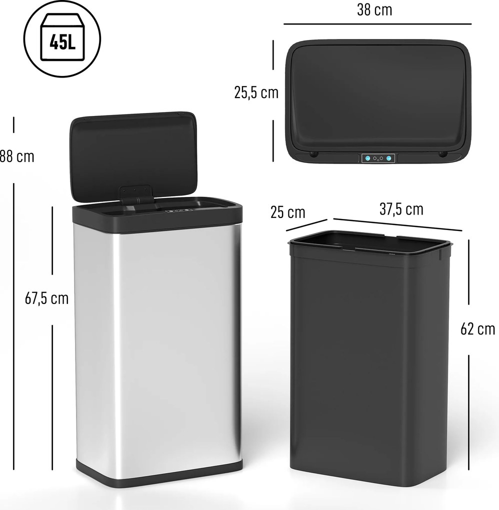 HOMCOM Kosz z czujnikiem, 45 l kosz kuchenny z pokrywą z cichym domykaniem, czujnik ruchu do kuchni, sypialni, biura, Srebrny | Aosom PL