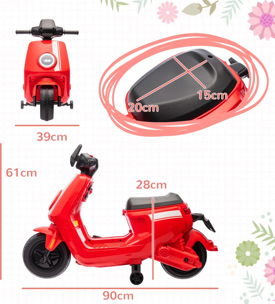 AIYAPLAY 6V Elektryczny Motocykl dla Dzieci, z Reflektorami i Muzyką, Jazda do Przodu i do Tyłu, Koła Treningowe, 18-36 Miesięcy, Czerwony