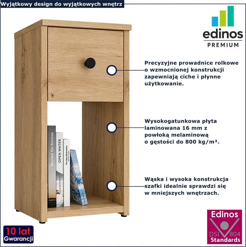 Wysoki i wąski stolik nocny z półką i szufladą dąb artisan S5-L48
