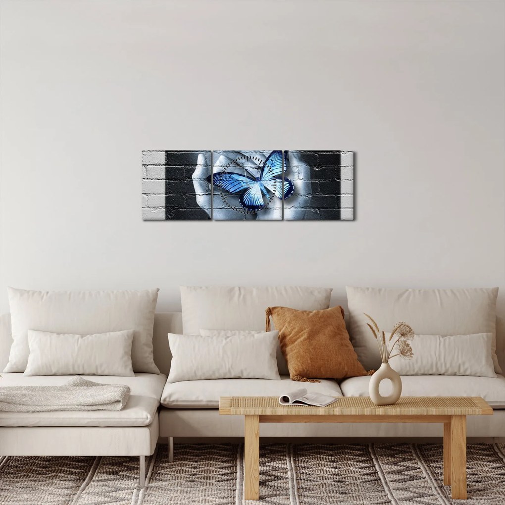 Obraz - Motyl na ścianie (z zegarem) (90x30 cm)