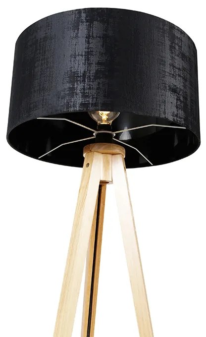 Lampa podłogowa drewniana z abażurem z tkaniny czarnym 50 cm - Tripod Classic Nowoczesny Oswietlenie wewnetrzne