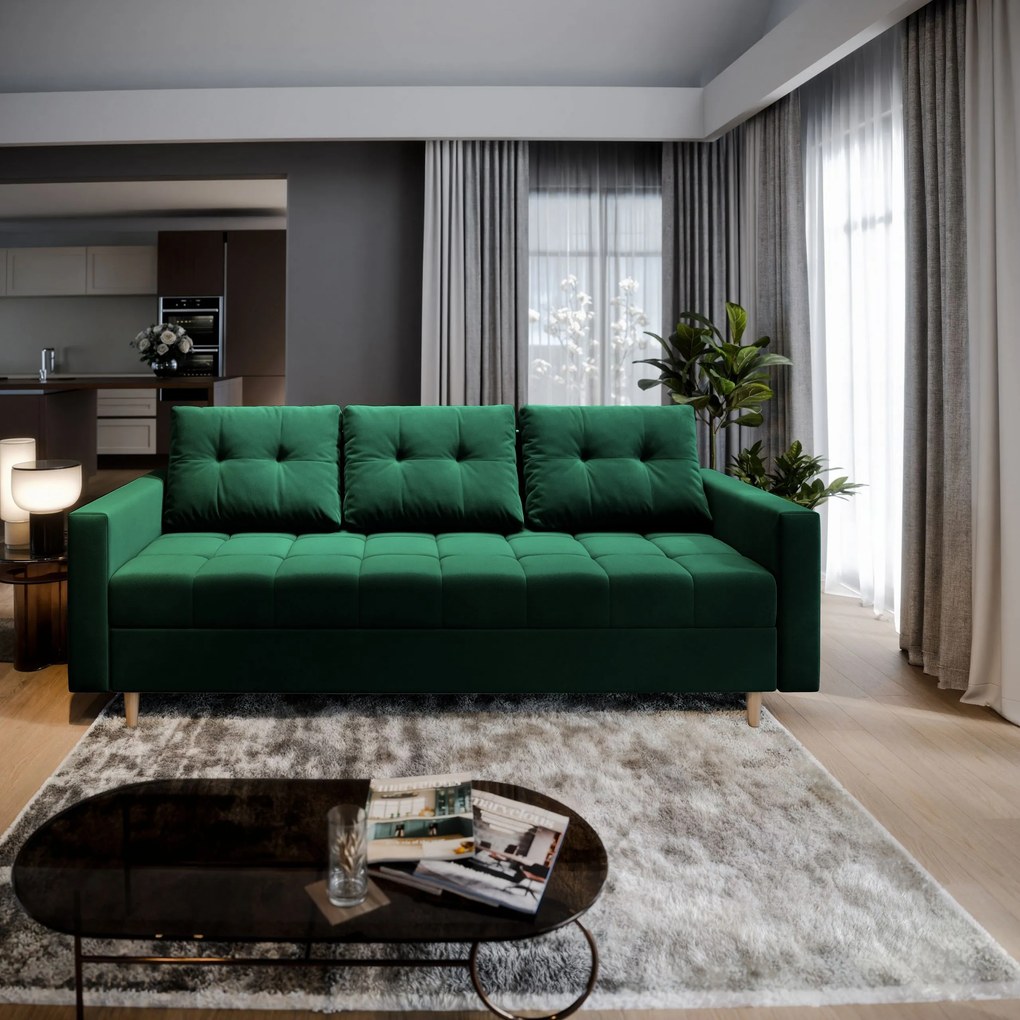 Masseno Sofa MILO z funkcją spania i pojemnikiem na pościel, Rozkładana sofa - Butelkowa zieleń, KRONOS 19