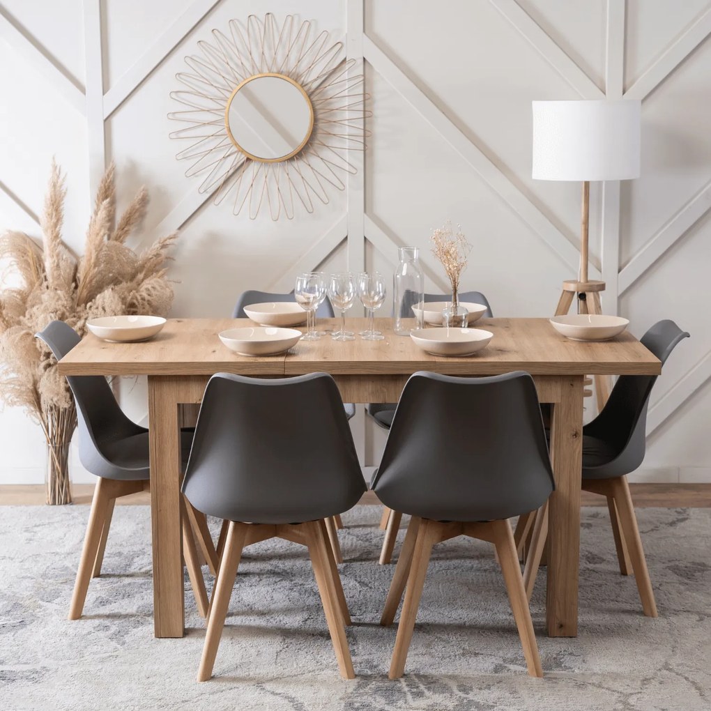 Zestaw Stół Prostokątny SKUBI Rozkładany 120-160 cm Dąb Artisan i 6 Krzeseł SCANDI Szare/Dąb