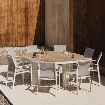Zestaw Okrągłych Stołów Riviera, Ø180 Cm, Z Drewna Tekowego I Aluminium Oraz 8 Składanych Aluminiowych Krzeseł Ogrodowych, Elvir Drewno Tekowe - Sklum