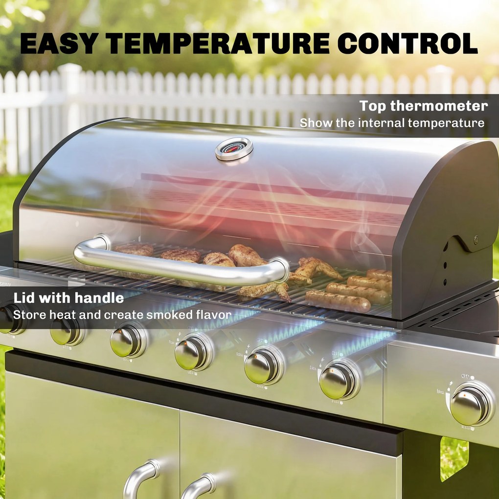 Outsunny Grill gazowy 18,6 kW 6+1 palników BBQ wózek grillowy ze stali nierdzewnej z kółkami, termometrem, półką podgrzewającą, bocznymi stolikami i szafką | Aosom PL