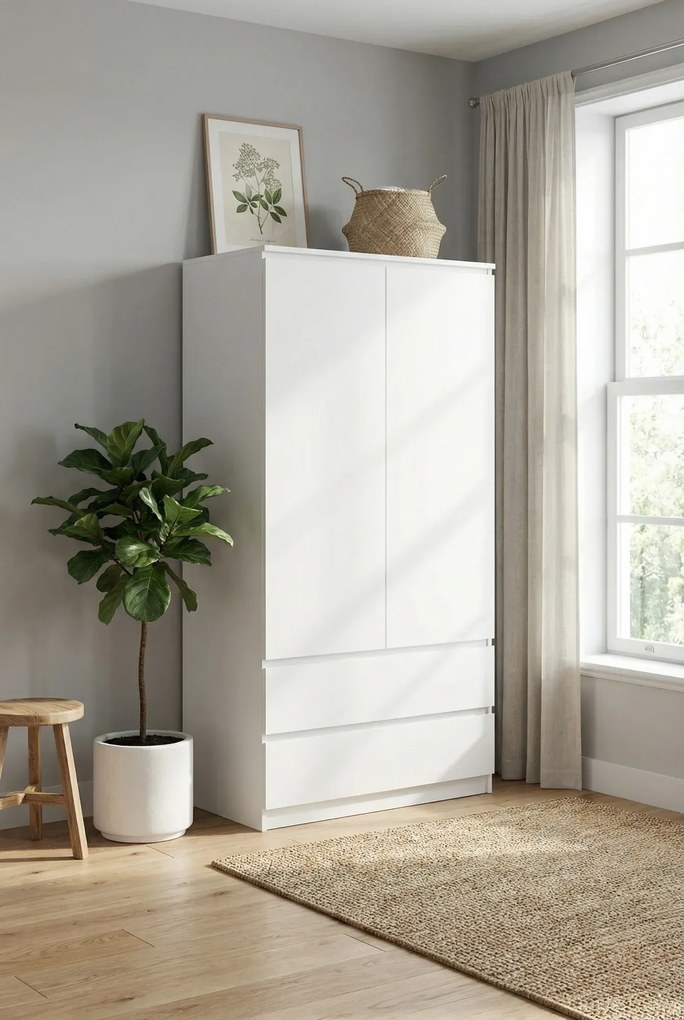 Biała szafa dwudrzwiowa z szufladami H9-P22