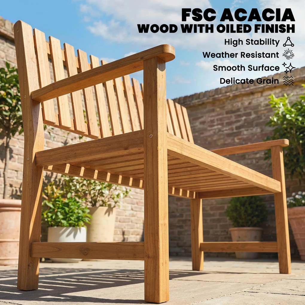 Outsunny Ławka ogrodowa 2-osobowa, odporna na warunki atmosferyczne, drewniana ławka z lamelowym designem i podłokietnikami, do 320 kg, 112 x 64 x 92 cm, naturalne drewno | Aosom PL