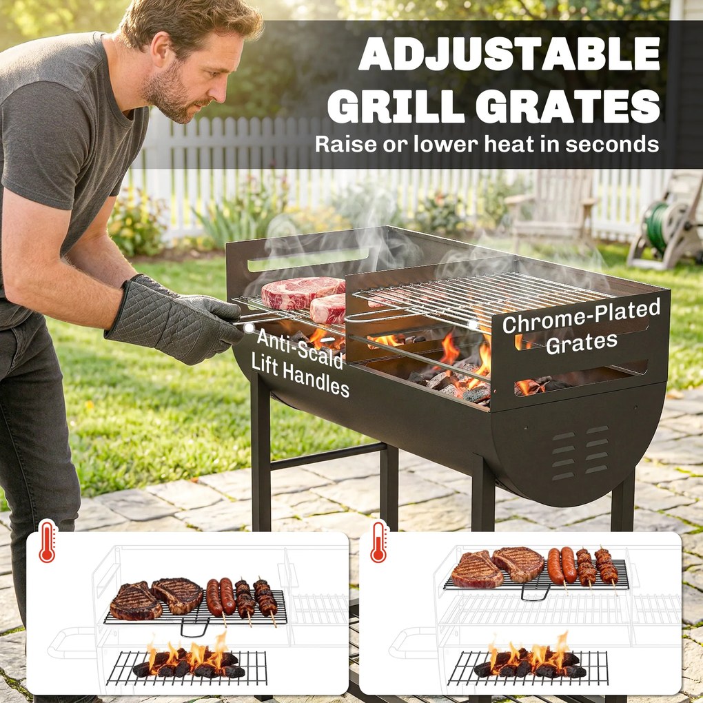 Outsunny Grill na węgiel drzewny z 2 strefami grillowania, regulowany ruszt, półka na drewno, kółka, boczny uchwyt, 103 x 46,5 x 100 cm | Aosom PL