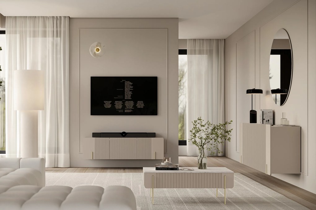 Stolik kawowy Malmi 100 cm z szufladami - kaszmir / crema bianca / złote nóżki