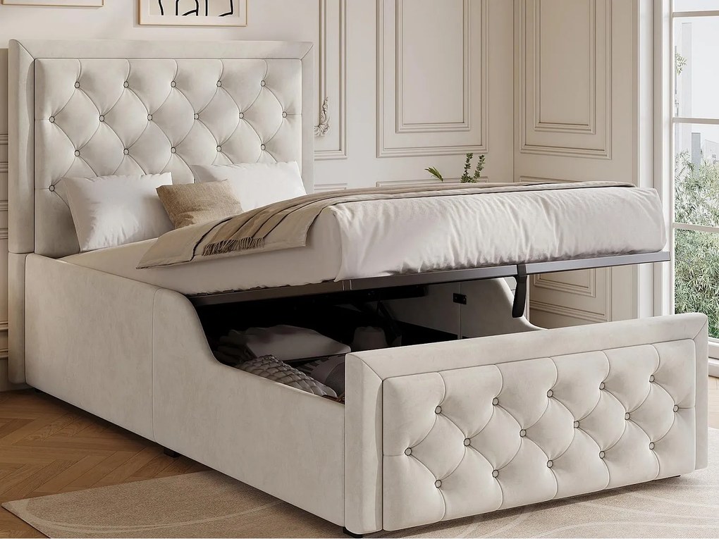 Tapicerowane łóżko 90 x 200 cm - Hydrauliczna skrzynia do przechowywania - Welur - Beżowy​ (Materac nie jest wliczony w cenę)