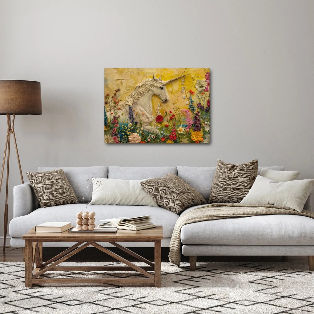 Obraz - Jednorożec z kwiatami (70x50 cm)