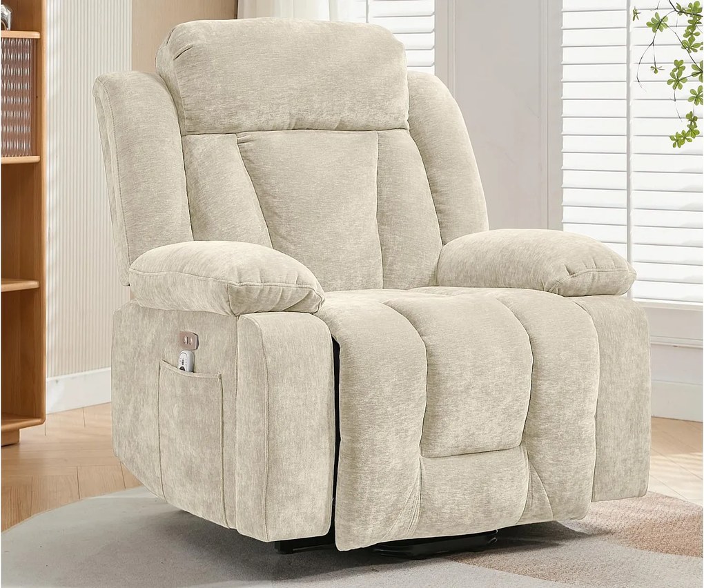 Regulowane elektryczne fotel masujący 95x94x107cm - Funkcje masażu i grzania - Boczne kieszenie - Uchwyt na kubek i porty USB - Beżowy