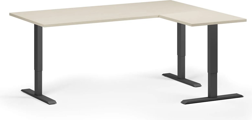 Narożne biurko z regulacją wysokości, 180x140 cm, 3 silniki, L/P, czarna podstawa, brzoza