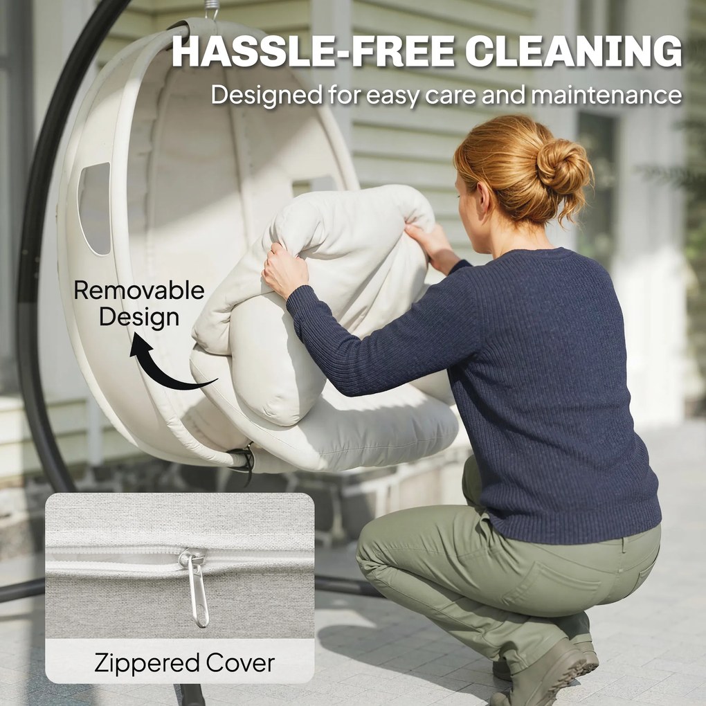 Outsunny Wiszący Fotel z Ramą, Składany Kosz z Grubymi Poduszkami, Regulowana Wysokość, Pas Bezpieczeństwa, do 120 kg | Aosom PL