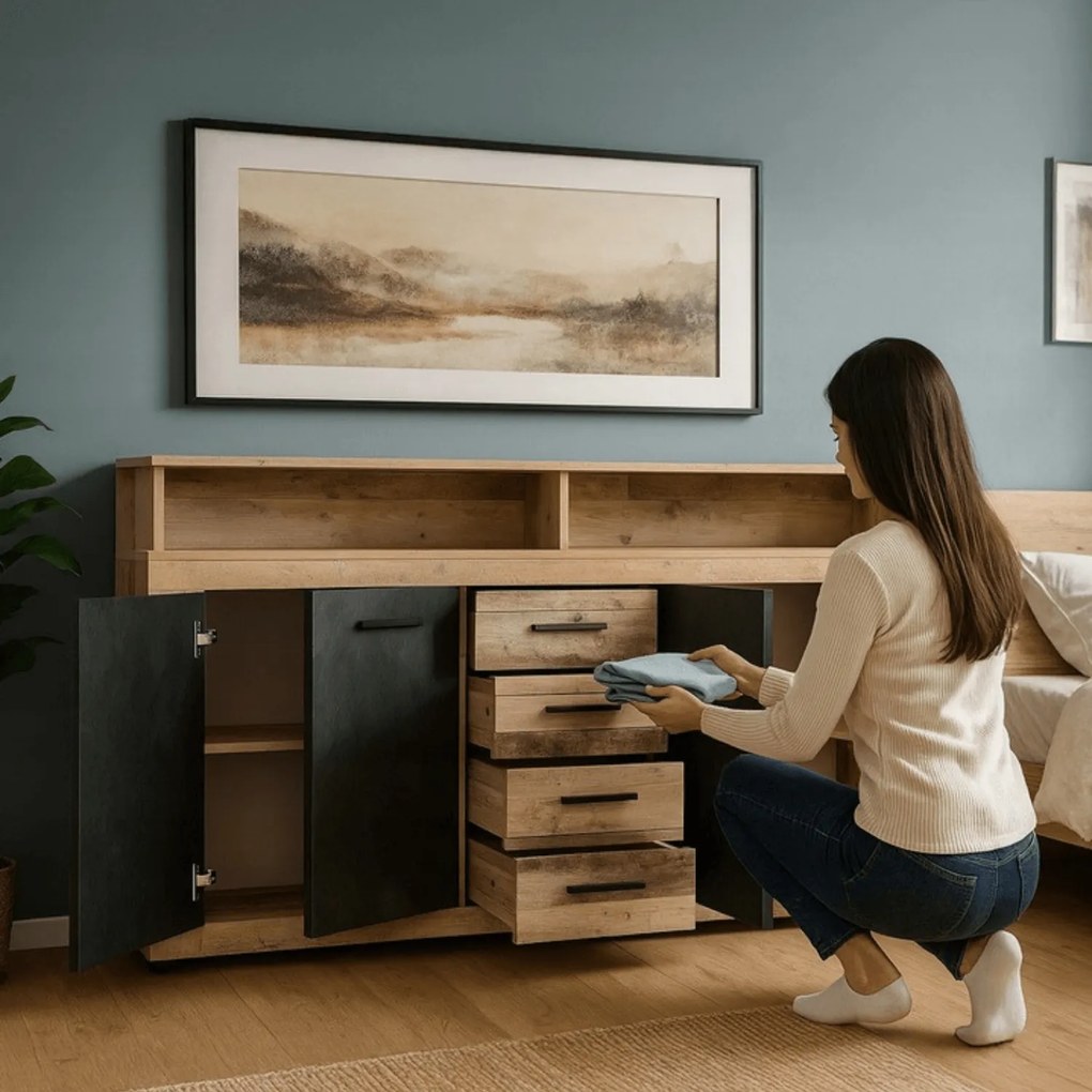 Komoda Czterodrzwiowa BLAGO 190 cm Surowy Dąb/Czarny Loft