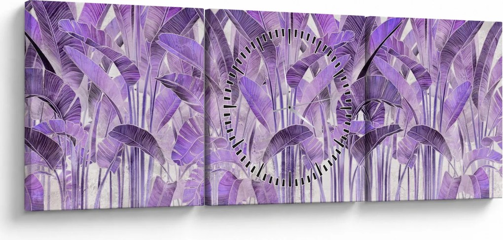 Obraz - Fioletowe liście w gipsie (z zegarem) (90x30 cm)