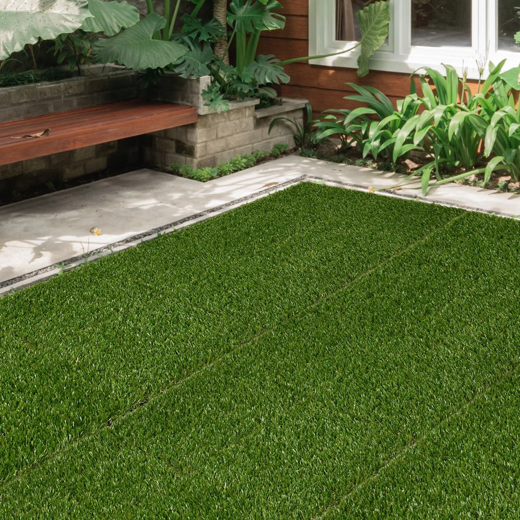 Outsunny 10 Sztuk Sztuczna Trawa 30 x 30 cm Maty Trawne Rolka Trawy Sztucznej 25 mm Plastikowa Ciemnozielona - Idealne do Ogrodu i Balkonu
