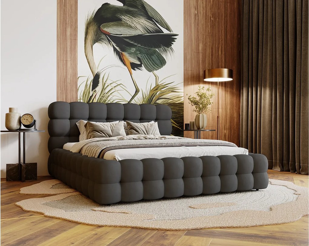 Emporius Parlas Bis łóżko 180x200 z pojemnikiem, łóżko tapicerowane do sypialni - gruba pianka, stelaż, tkanina aksamitna, ciemny szary (Amor Velvet 4321)