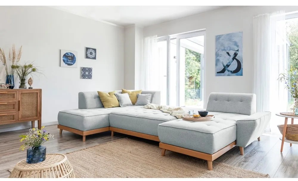 Jasnoszara rozkładana sofa w kształcie litery "U" Miuform Dazzling Daisy, lewostronna