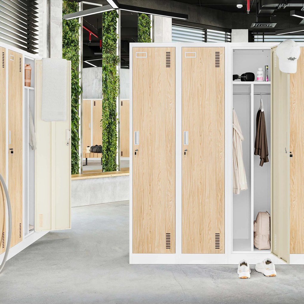 Szafka ubraniowa BHP biała/ dąb sonoma: czterokomorowa Eco Design KACPER, 800 x 1800 x 500 mm