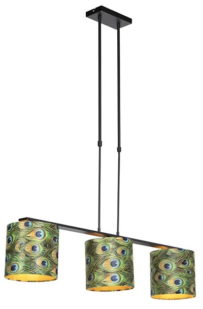 Lampa wisząca z abażurami z weluru w kolorze pawia ze złotem 20cm - Combi 3 Deluxe klasyczny/Antyczny Oswietlenie wewnetrzne