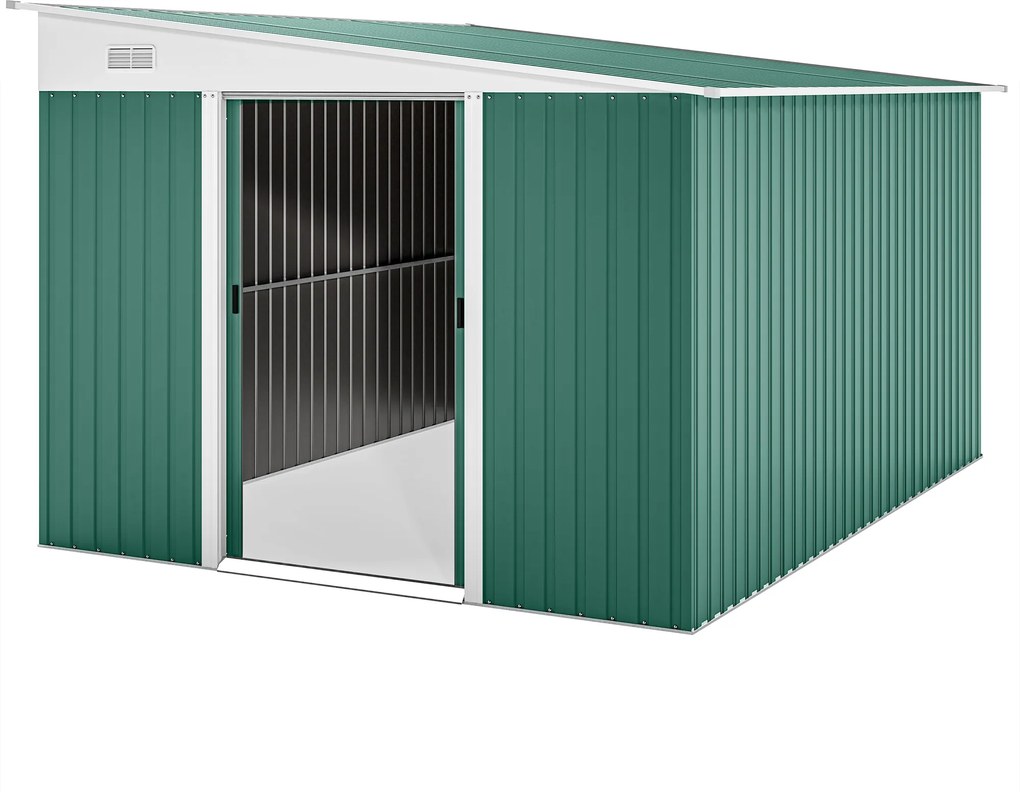 Outsunny Metalowy Schowek Ogrodowy Dach Nachylony z Zablokowanymi Podwójnymi Drzwiami 2,8 x 3,45 x 2,01m Zielony