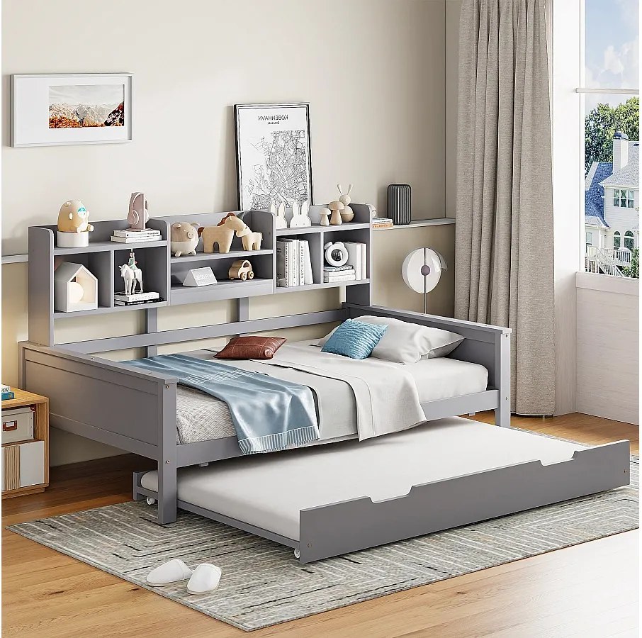 Łóżko pojedyncze z wysuwanym łóżkiem - 90 x 200 cm + 90 x 190 cm - Sofa rozkładana z miejscem do przechowywania - Drewno sosnowe + sklejka + MDF - szary