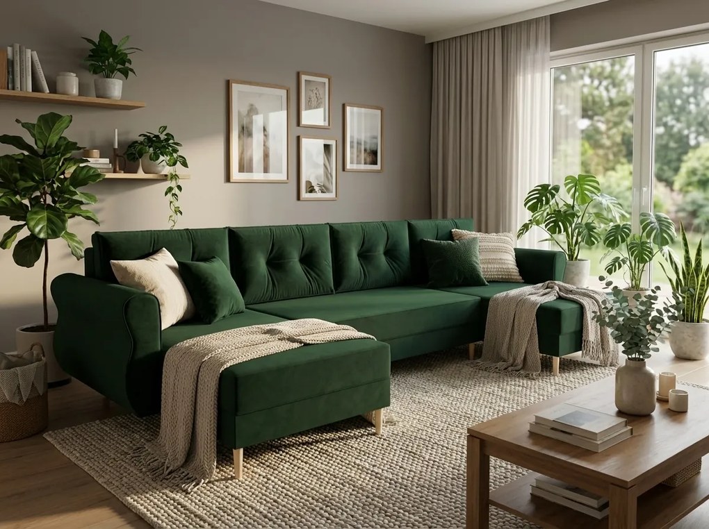 Rozkładana sofa narożna w kształcie U SILVIANO 300x140 cm, ciemnozielona + 2 poduszki GRATIS