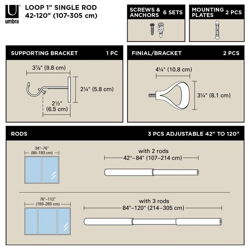 Regulowany karnisz ze stali nierdzewnej 107 - 305 cm Loop – Umbra