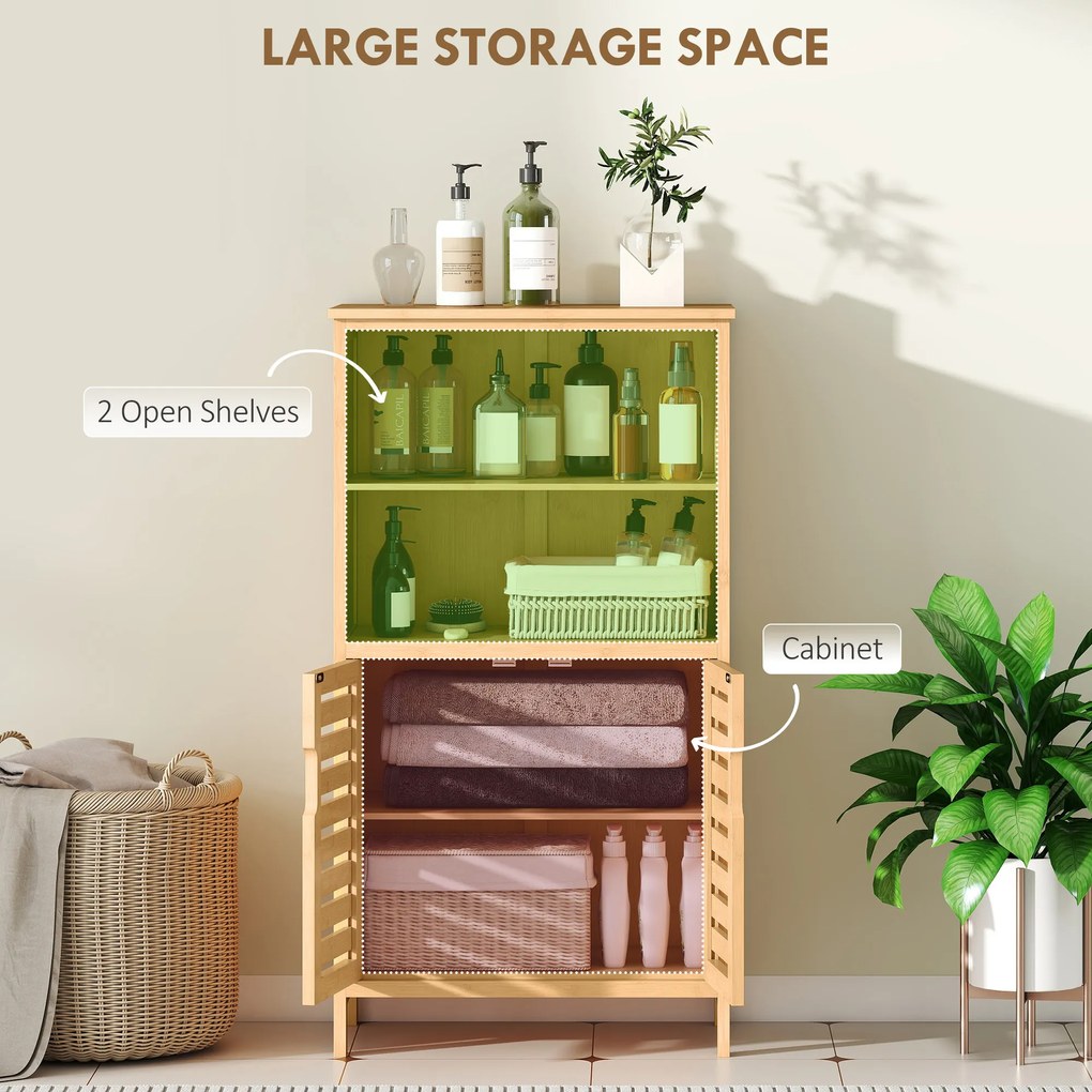 kleankin Szafka Łazienkowa Bambusowa z Żaluzjowymi Drzwiami 2 Półki Drewno Naturalne 50x29x92cm | Aosom PL