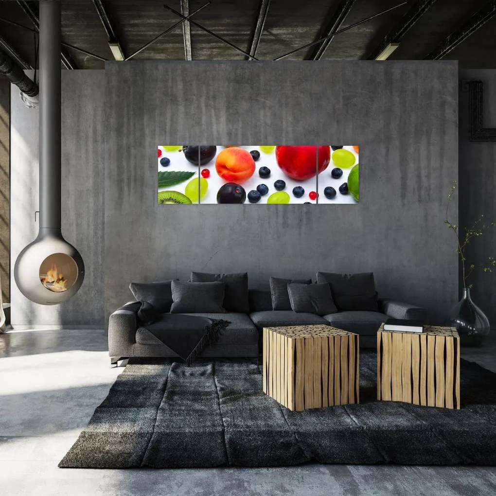Obraz owoców z kroplami wody (170x50 cm)