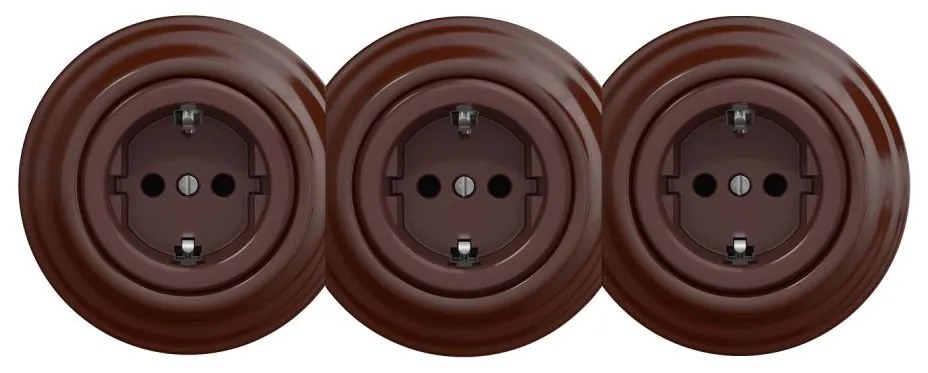 Kliklap - Potrójne retro gniazdko ścienne z ramką SCHUKO 230V, brązowe