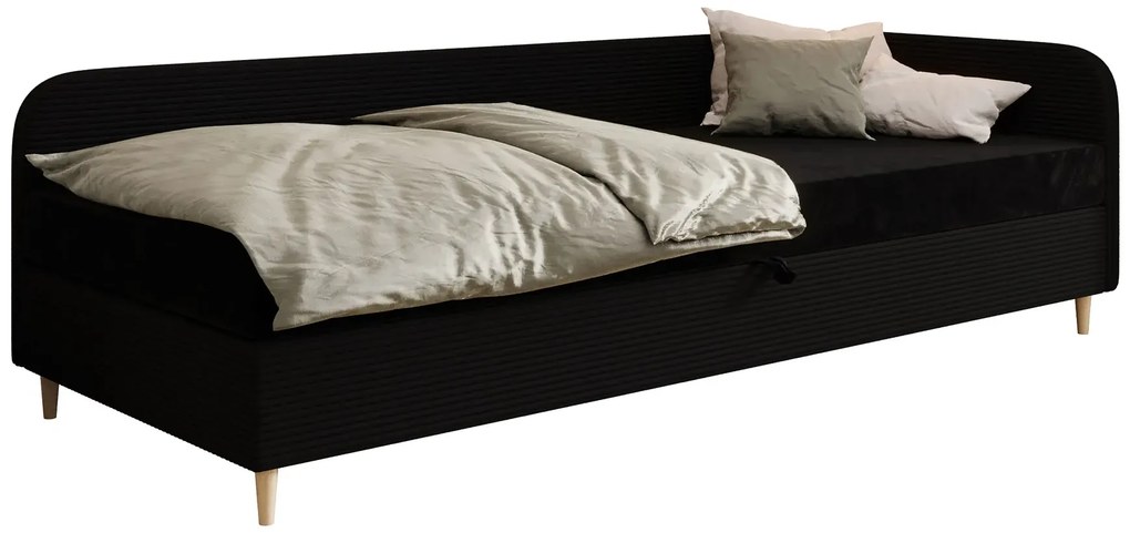 Czarne prawostronne łóżko z materacem i pojemnikiem na pościel 100x200 H3-L09