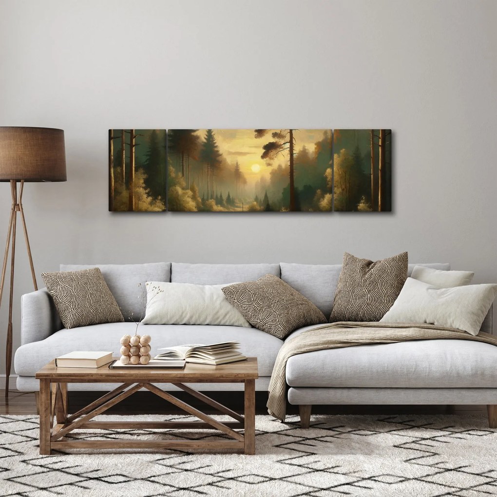 Obraz - Słońce świecące przez las (170x50 cm)