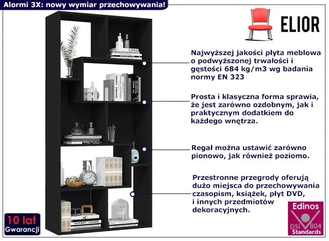 Czarny stojący regał z otwartymi półkami - Alormi 3X